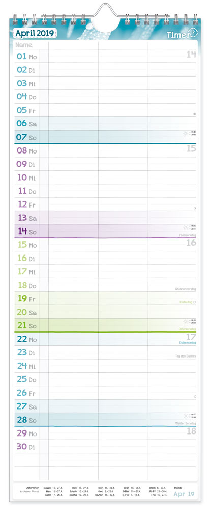 Der übersichtliche Wandkalender mit 3 Spalten, Feiertagen und Ferien!